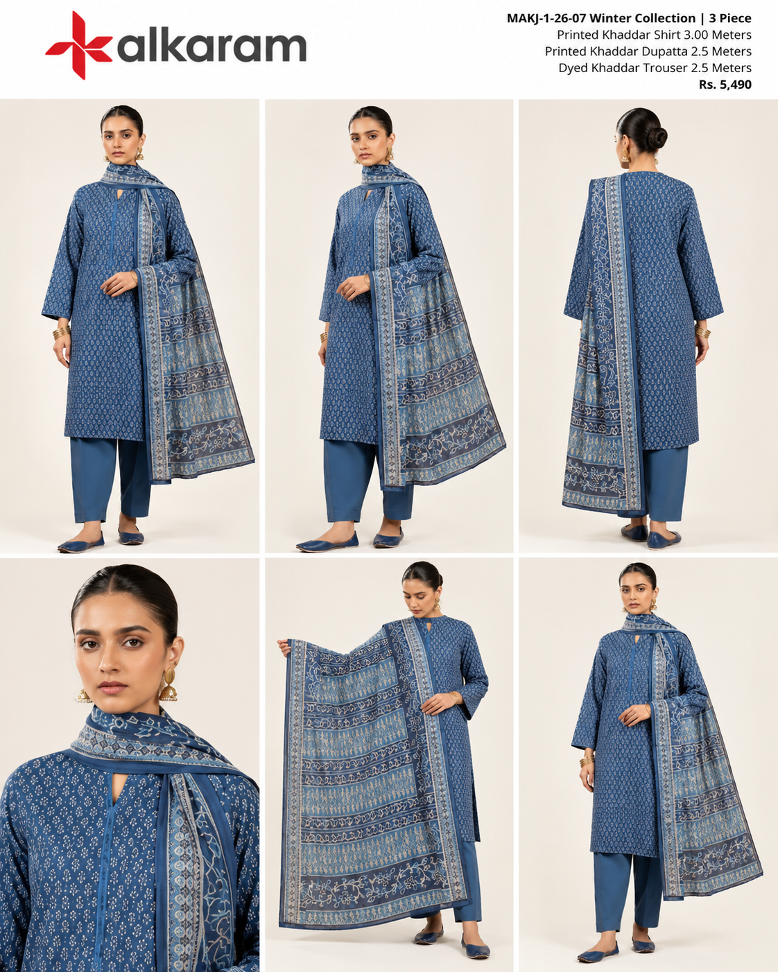 Alkaram Winter Indigo Blue Printed Khaddar 3-Piece Unstitched Suit | MAKJ-1-26-07 - product details