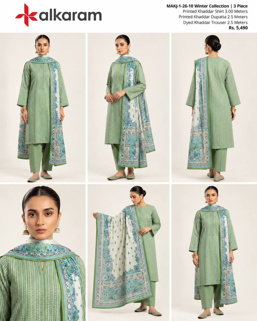 Alkaram Winter Sage Green Printed Khaddar 3-Piece Unstitched Suit | MAKJ-1-26-10 - product details