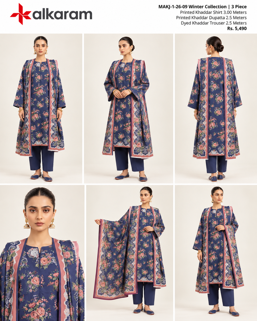 Alkaram Winter Navy Floral Printed Khaddar 3-Piece Unstitched Suit | MAKJ-1-26-09 - product details