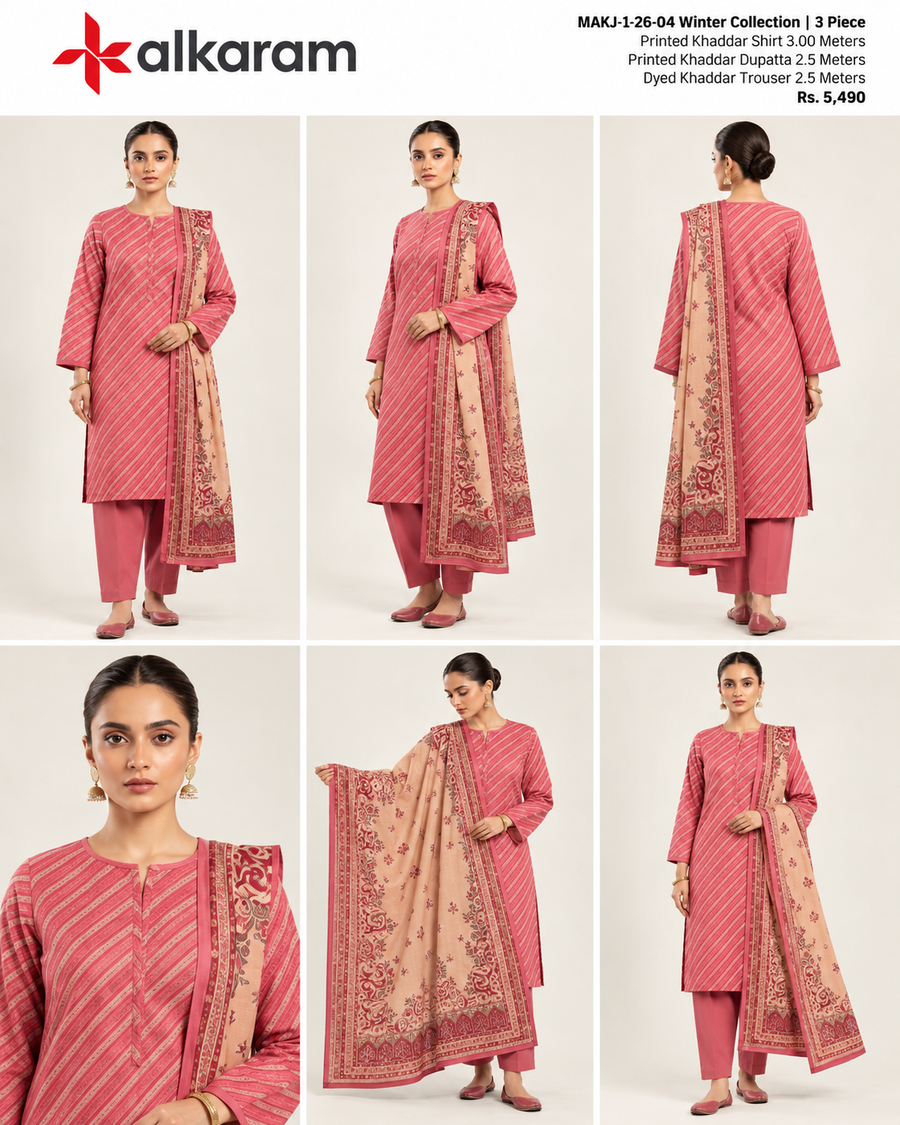 Alkaram Winter Rose Pink Printed Khaddar 3-Piece Unstitched Suit | MAKJ-1-26-04 - product details