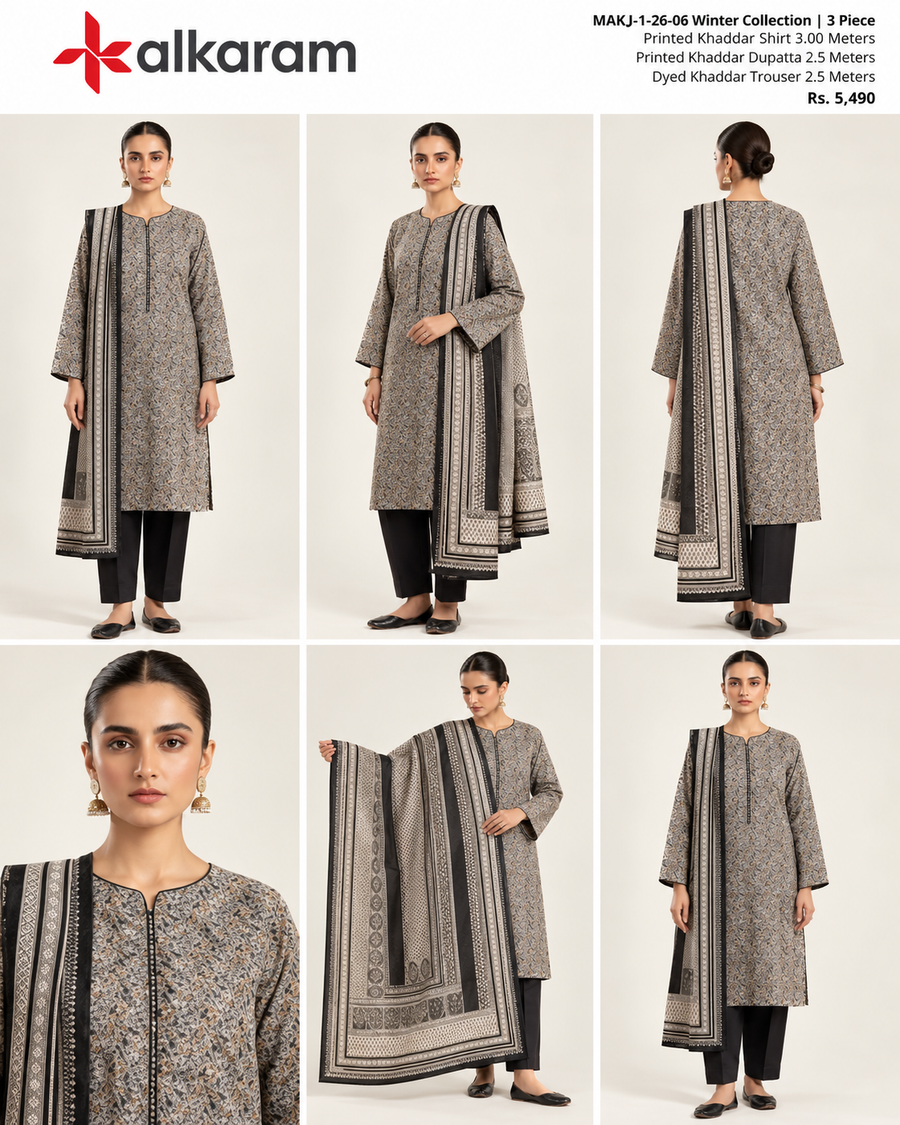Alkaram Winter Grey & Black Printed Khaddar 3-Piece Unstitched Suit | MAKJ-1-26-06 - product details