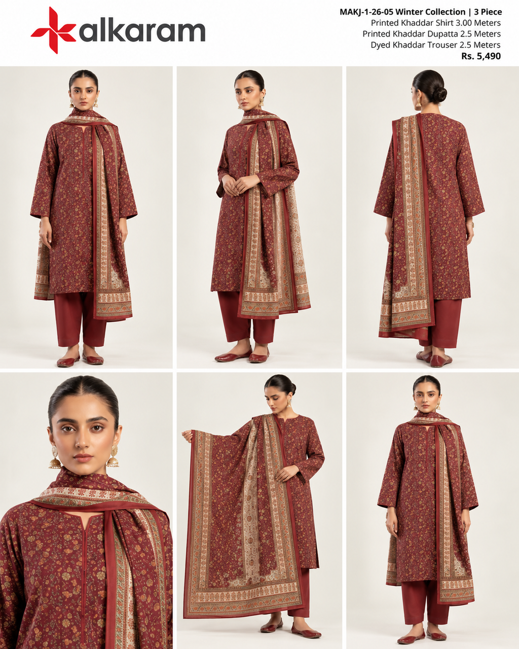 Alkaram Winter Maroon Printed Khaddar 3-Piece Unstitched Suit | MAKJ-1-26-05 - product details