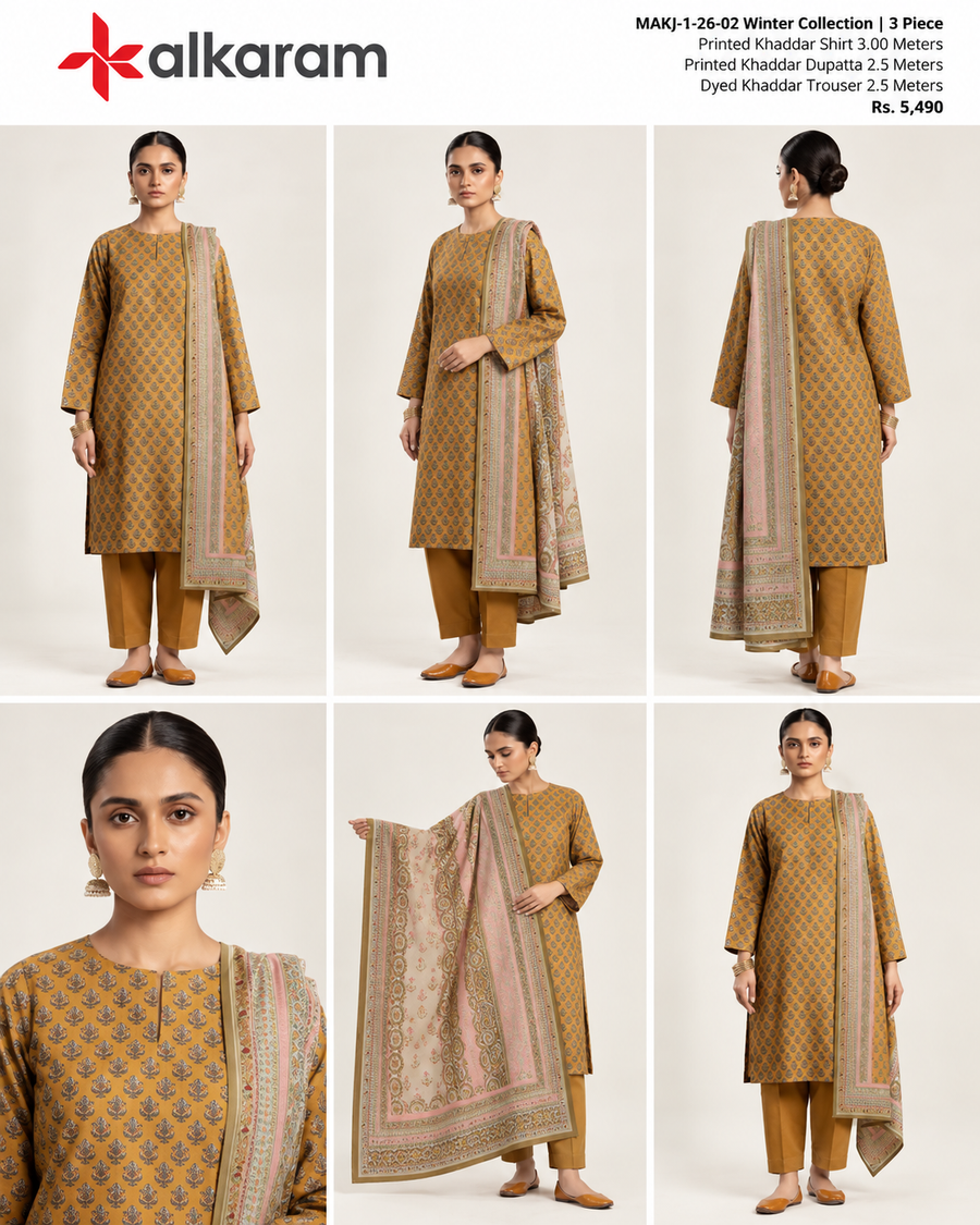 Alkaram Winter Mustard Printed Khaddar 3-Piece Unstitched Suit | MAKJ-1-26-02 - product details