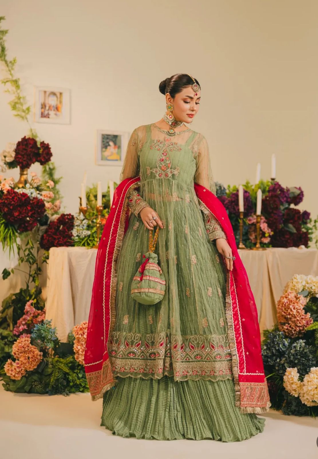 Light Green Embroidered Net Lehenga – H&A Formal Collection