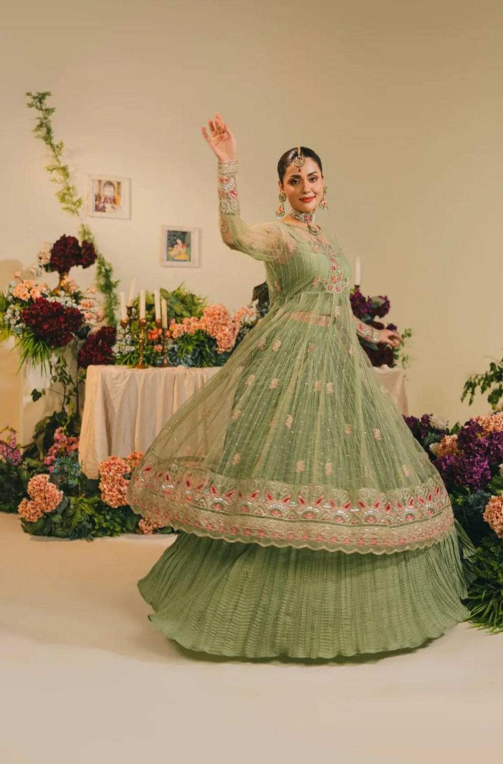 Light Green Embroidered Net Lehenga – H&A Formal Collection