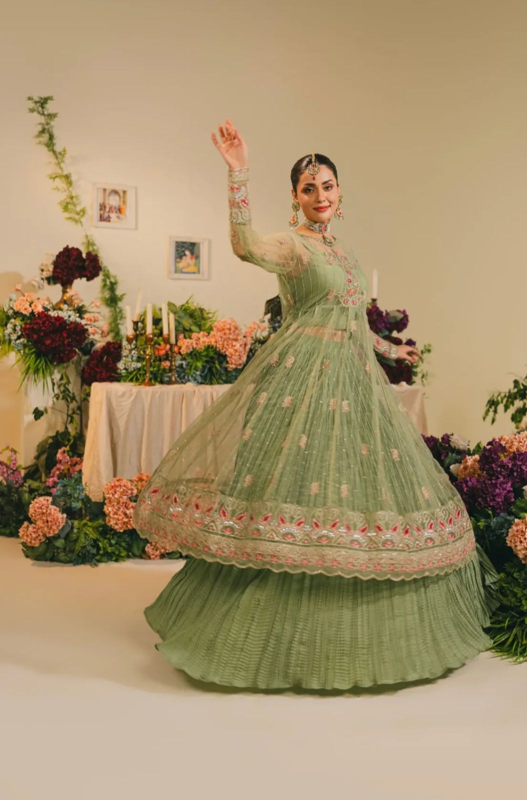 Light Green Embroidered Net Lehenga – H&A Formal Collection