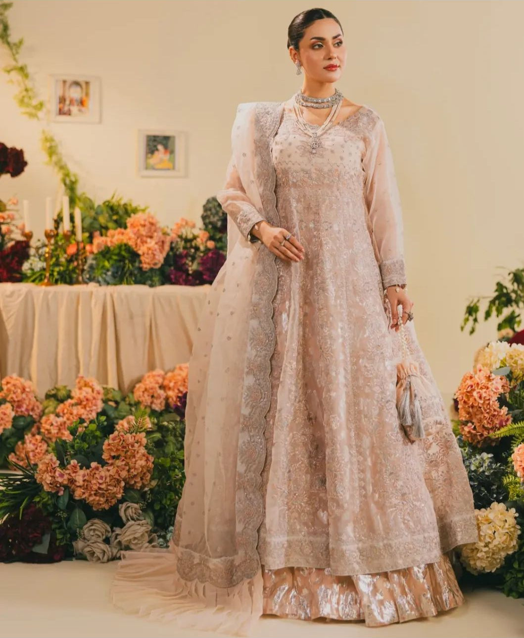 Mah-e-Noor Peach Luxe Embroidered Lehenga – H&A Formal Collection