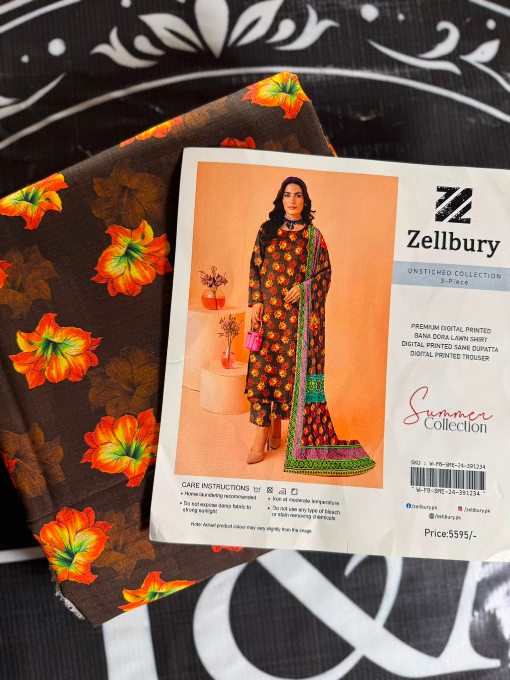 Zellbury Brown Floral 3-Piece Unstitched Lawn Suit – Summer Collection