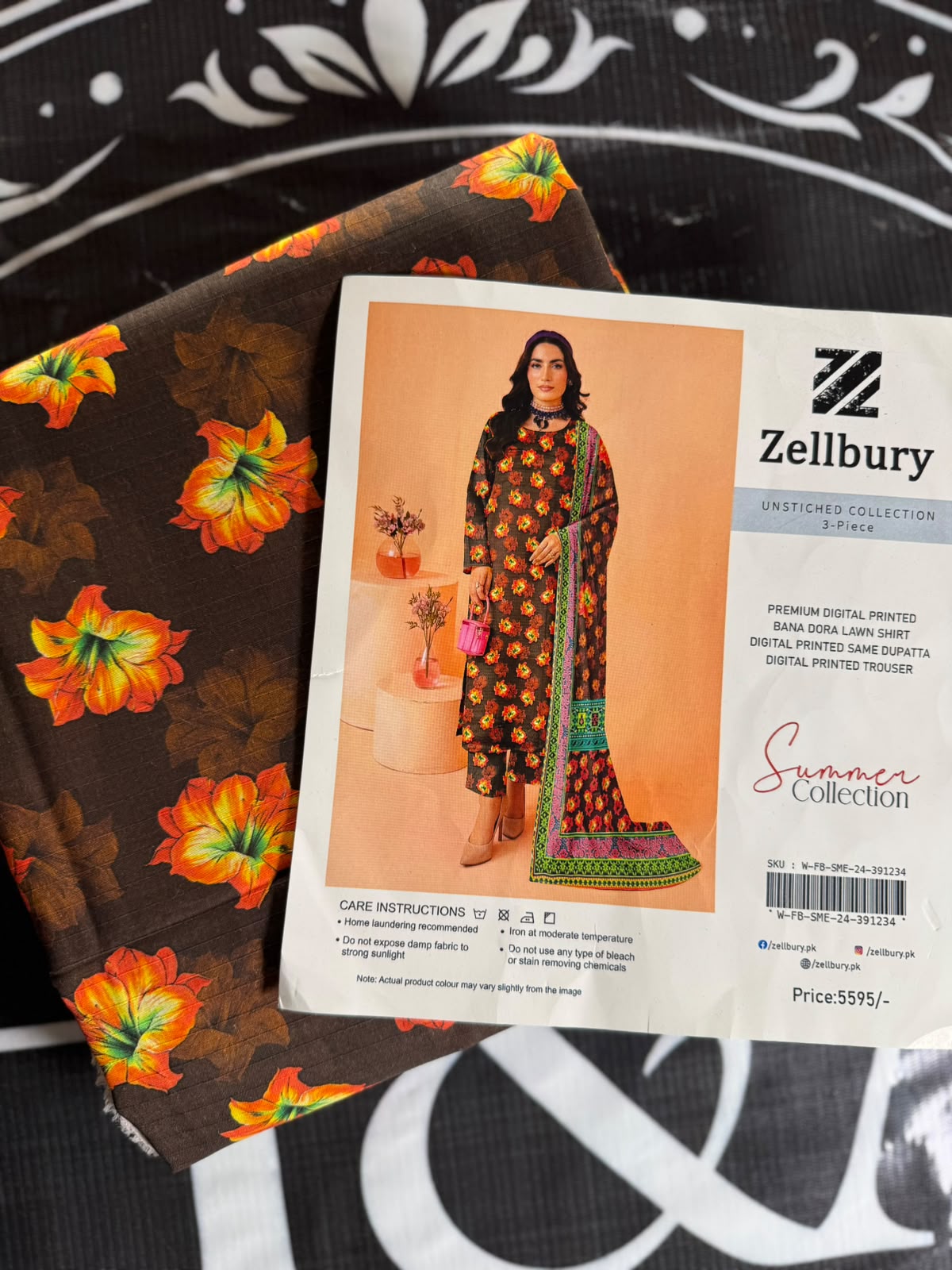 Zellbury Brown Floral 3-Piece Unstitched Lawn Suit – Summer Collection