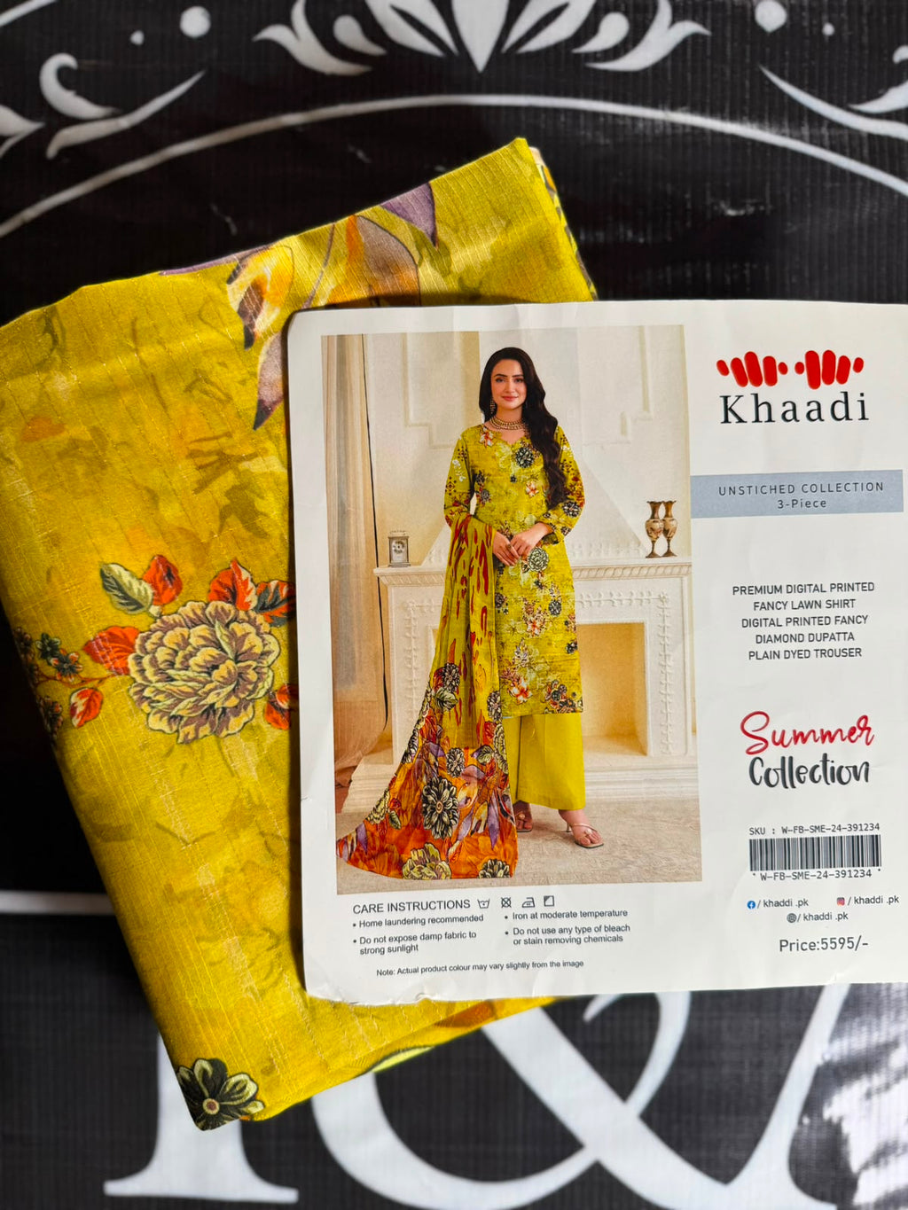 Khaadi Mustard Yellow Floral 3-Piece Unstitched Lawn Suit