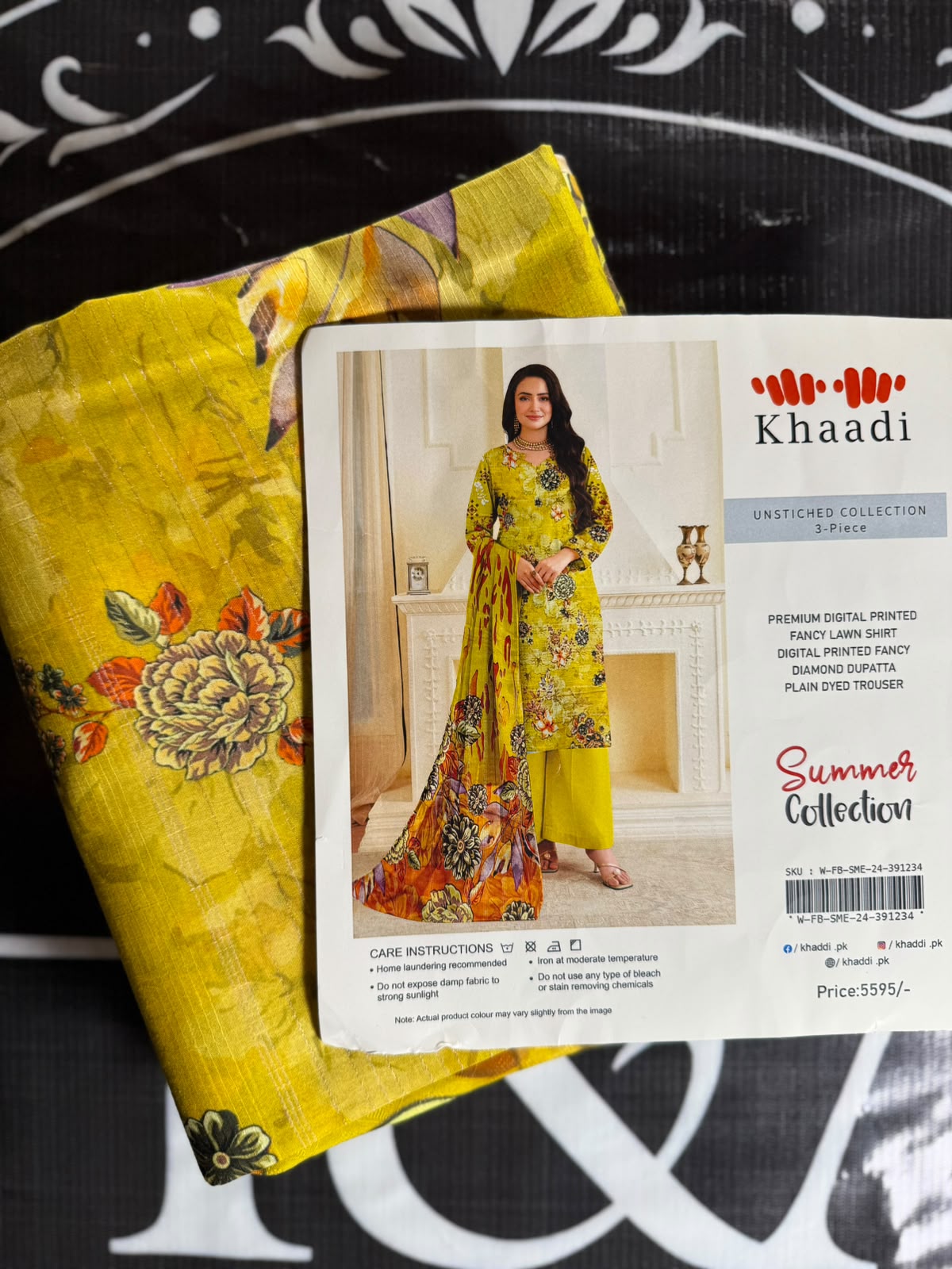 Khaadi Mustard Yellow Floral 3-Piece Unstitched Lawn Suit