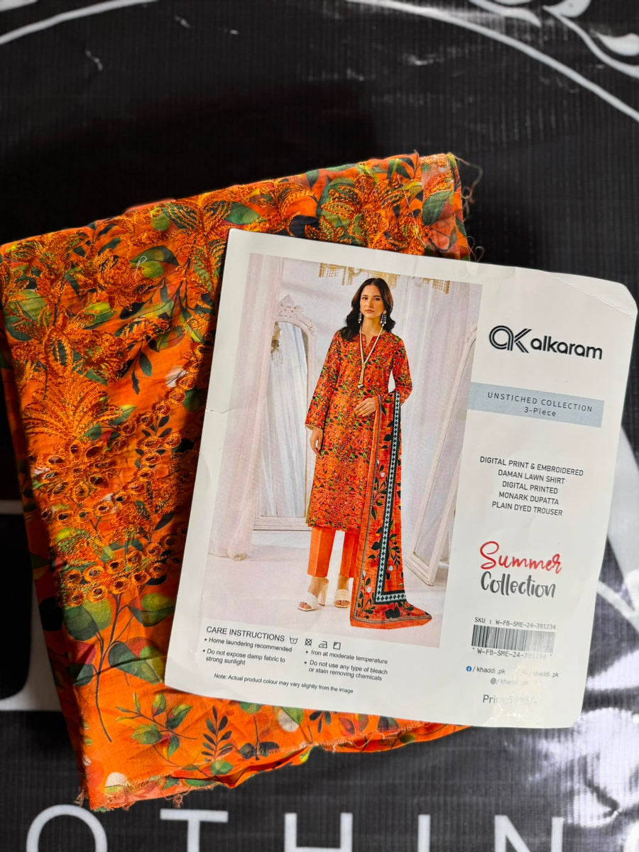 Alkaram orange embroidered lawn 3-piece unstitched suit - product design