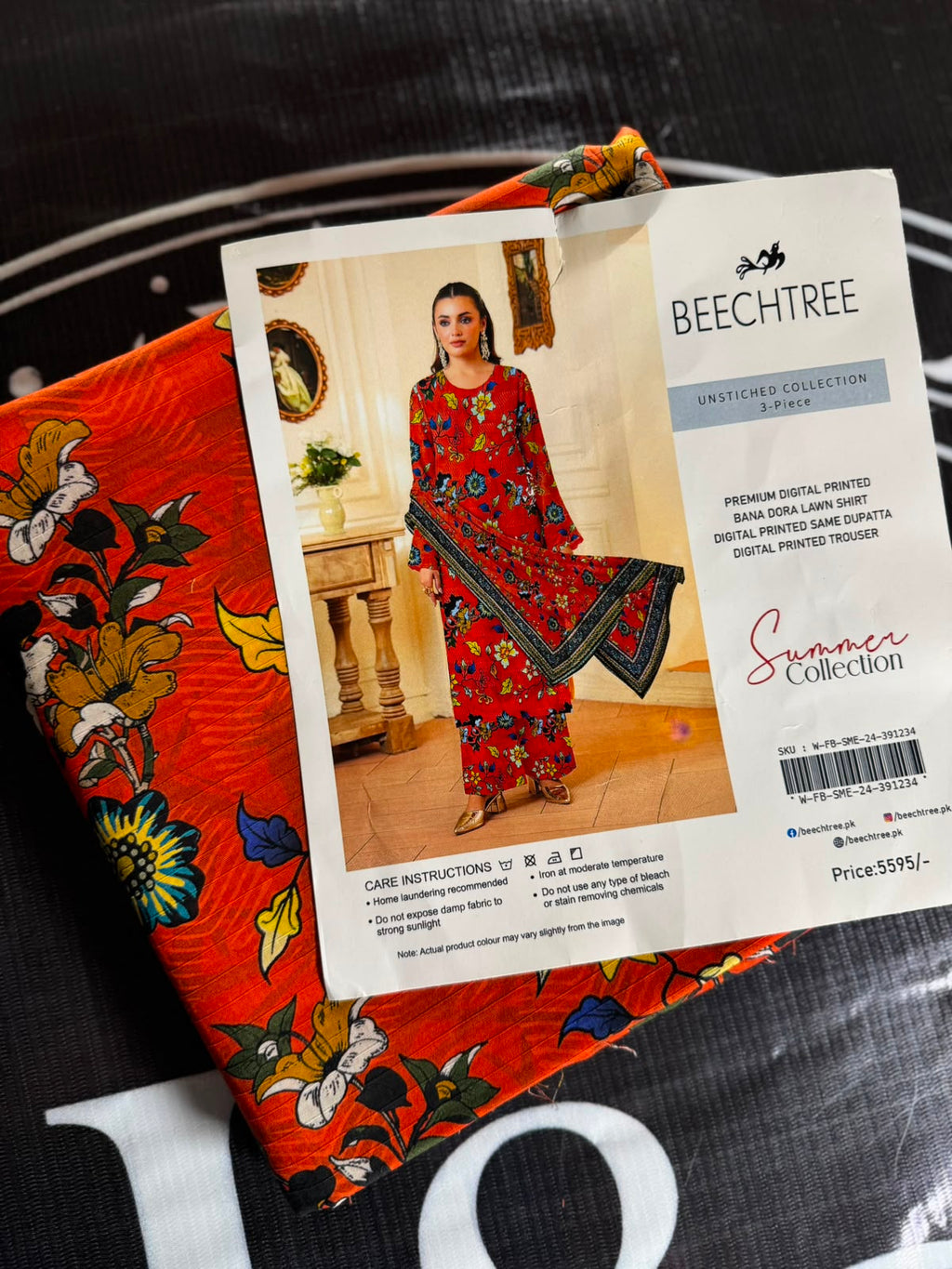 Beechtree Red Floral 3-Piece Unstitched Lawn Suit