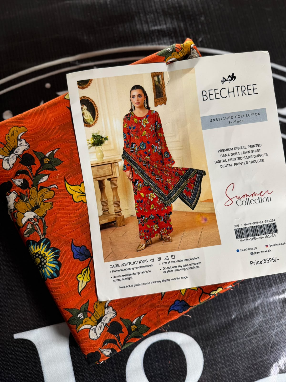 Beechtree Red Floral 3-Piece Unstitched Lawn Suit
