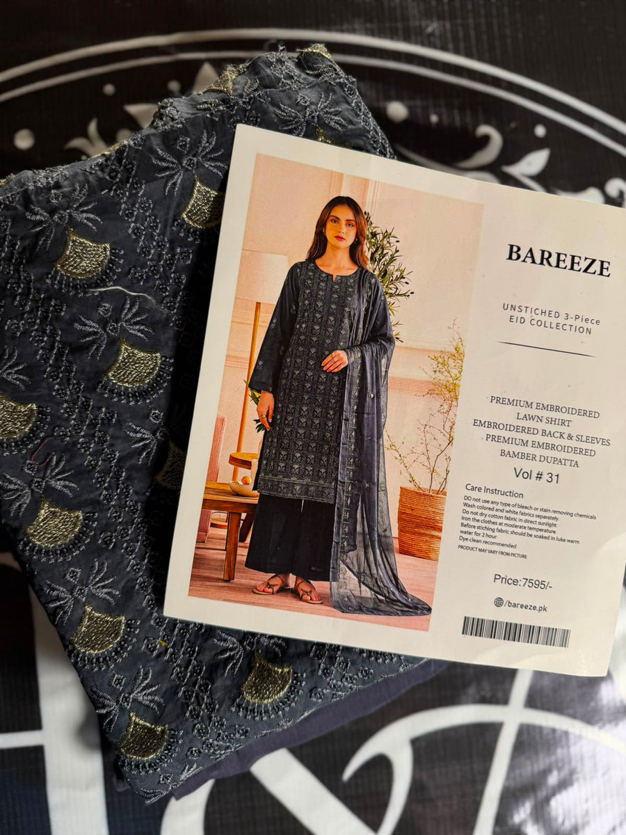 Bareeze black embroidered lawn 3-piece suit, Vol 31 - product design