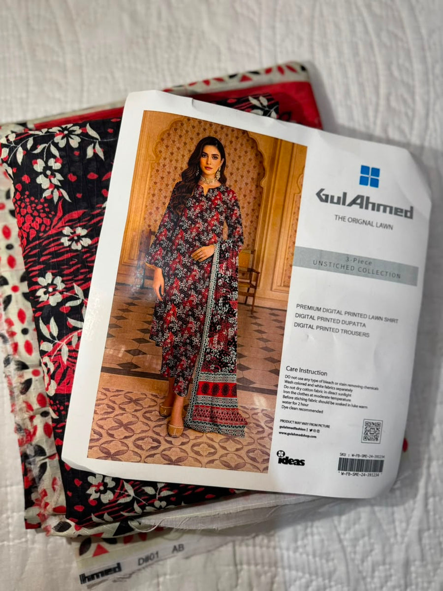 GulAhmed black and red 3-piece unstitched lawn suit - product design