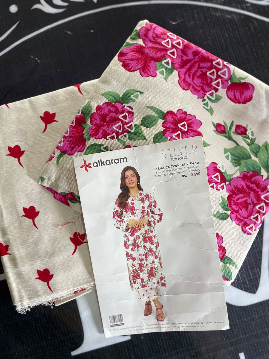 Alkaram white floral khaddar 2-piece unstitched suit - product design