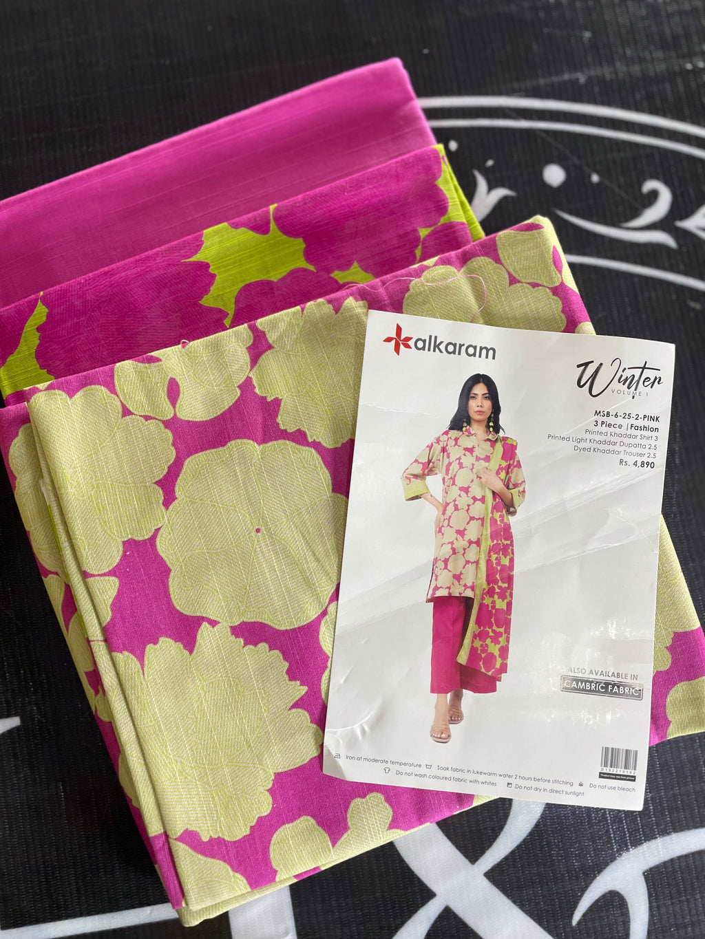 Alkaram pink floral khaddar 3-piece unstitched suit - product design