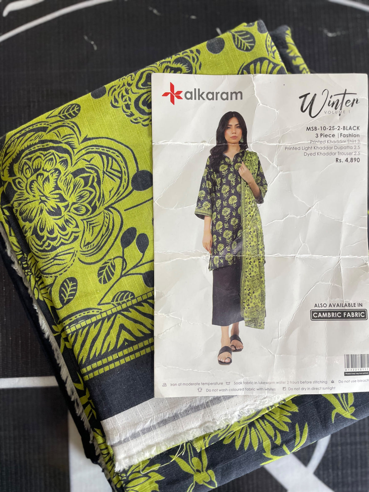 Alkaram black and lime khaddar 3-piece unstitched suit - product design