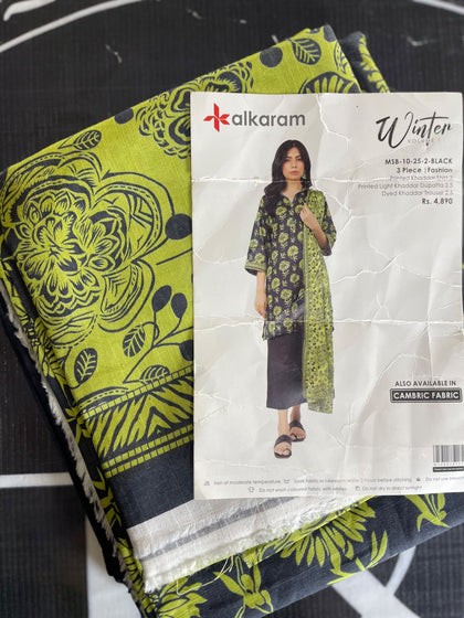 Alkaram Winter Black & Lime Green Printed Khaddar 3-Piece Unstitched Suit