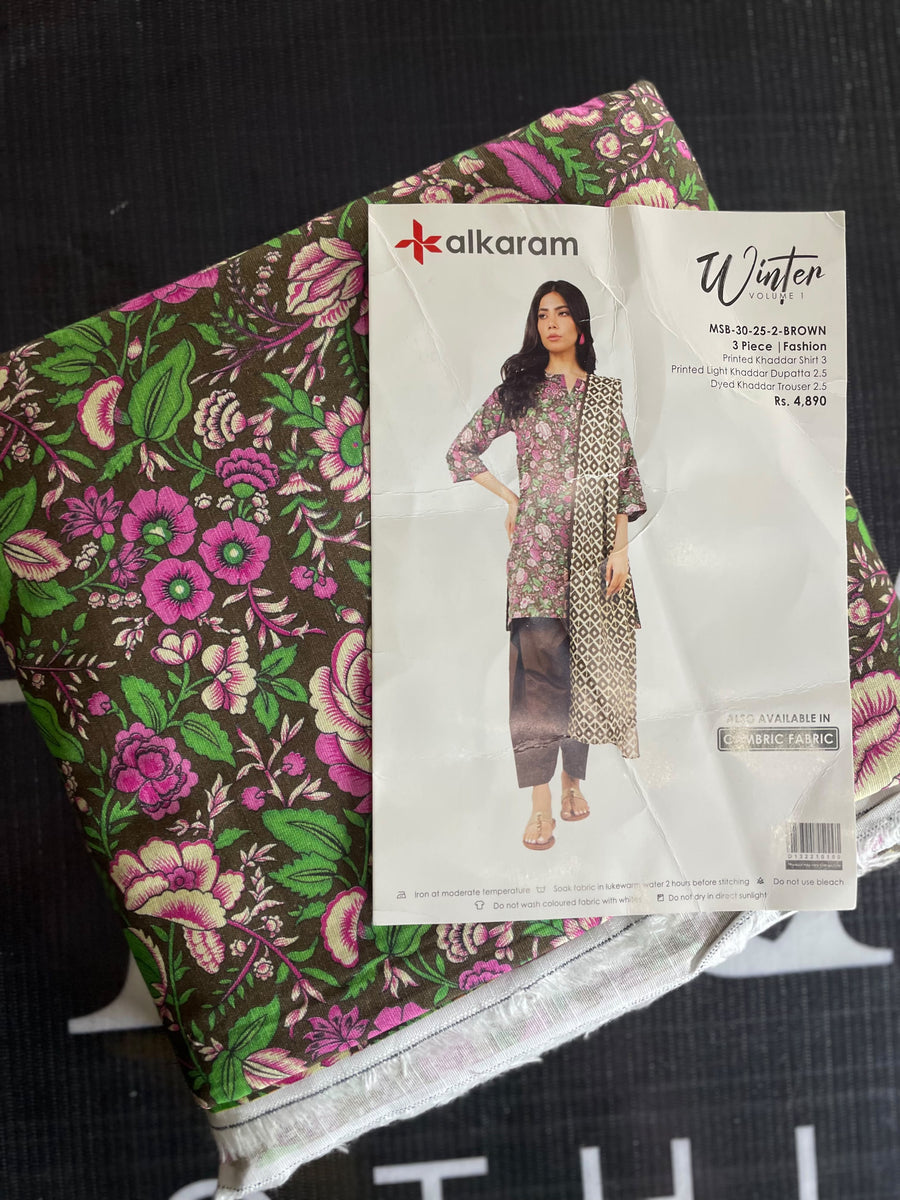 Alkaram brown floral khaddar 3-piece unstitched suit - product design