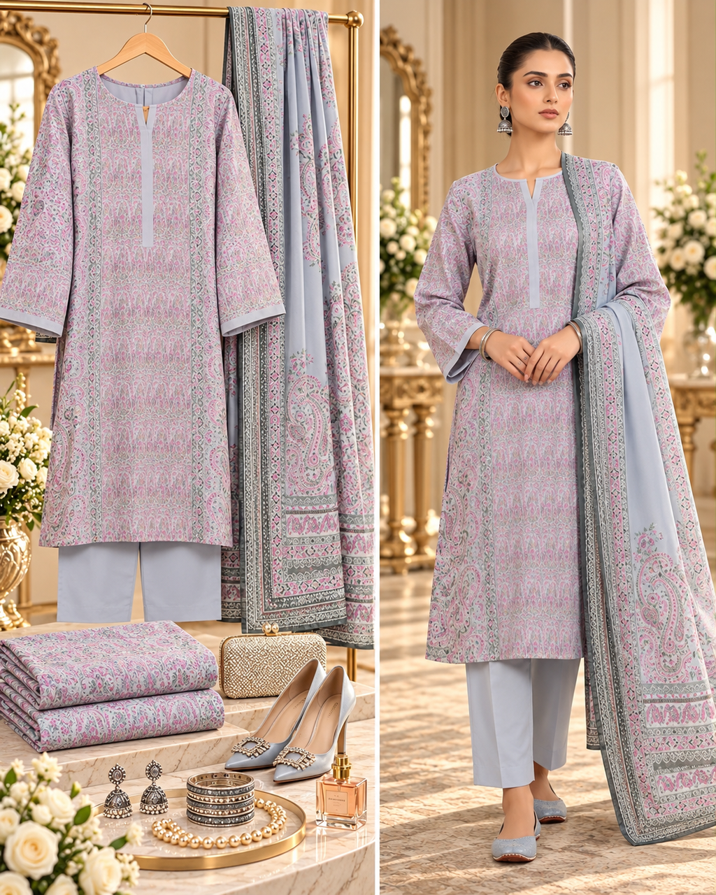 Alkaram Winter Lavender Printed Khaddar 3-Piece Unstitched Suit | MAKJ-1-26-08 - model showcase