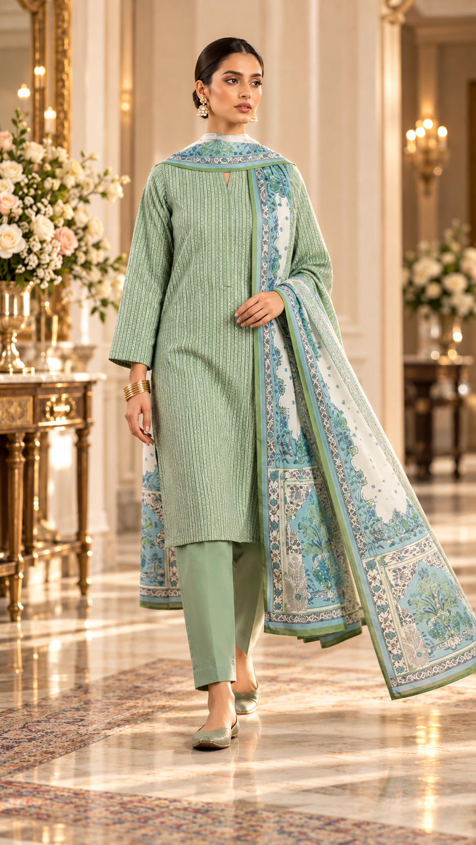 Alkaram Winter Sage Green Printed Khaddar 3-Piece Unstitched Suit | MAKJ-1-26-10 - model view