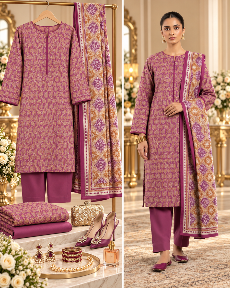 Alkaram Winter Mauve Purple Printed Khaddar 3-Piece Unstitched Suit | MAKJ-1-26-01 - model showcase