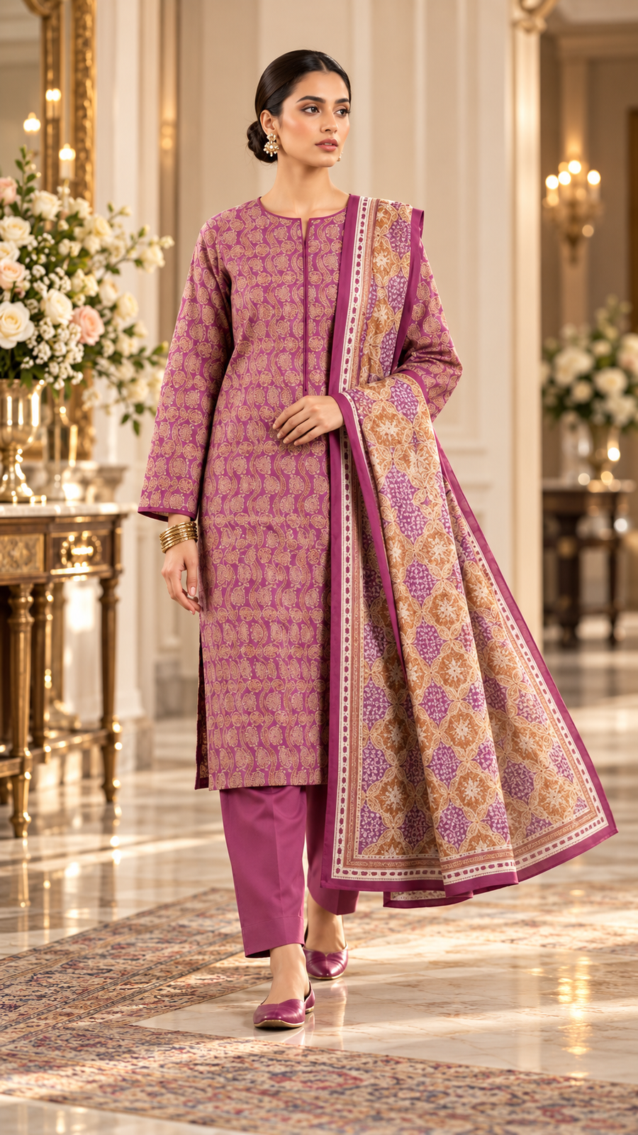 Alkaram Winter Mauve Purple Printed Khaddar 3-Piece Unstitched Suit | MAKJ-1-26-01 - model view