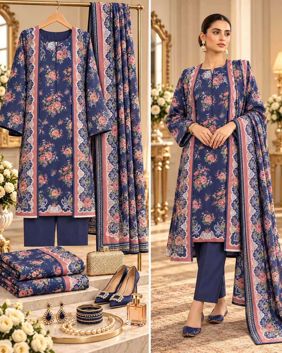 Alkaram Winter Navy Floral Printed Khaddar 3-Piece Unstitched Suit | MAKJ-1-26-09 - model showcase