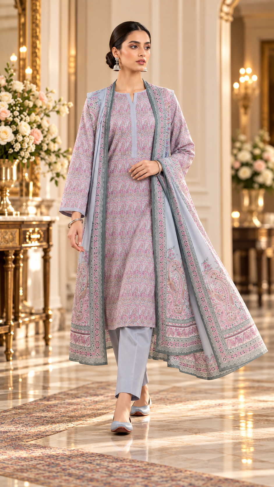 Alkaram Winter Lavender Printed Khaddar 3-Piece Unstitched Suit | MAKJ-1-26-08 - model view