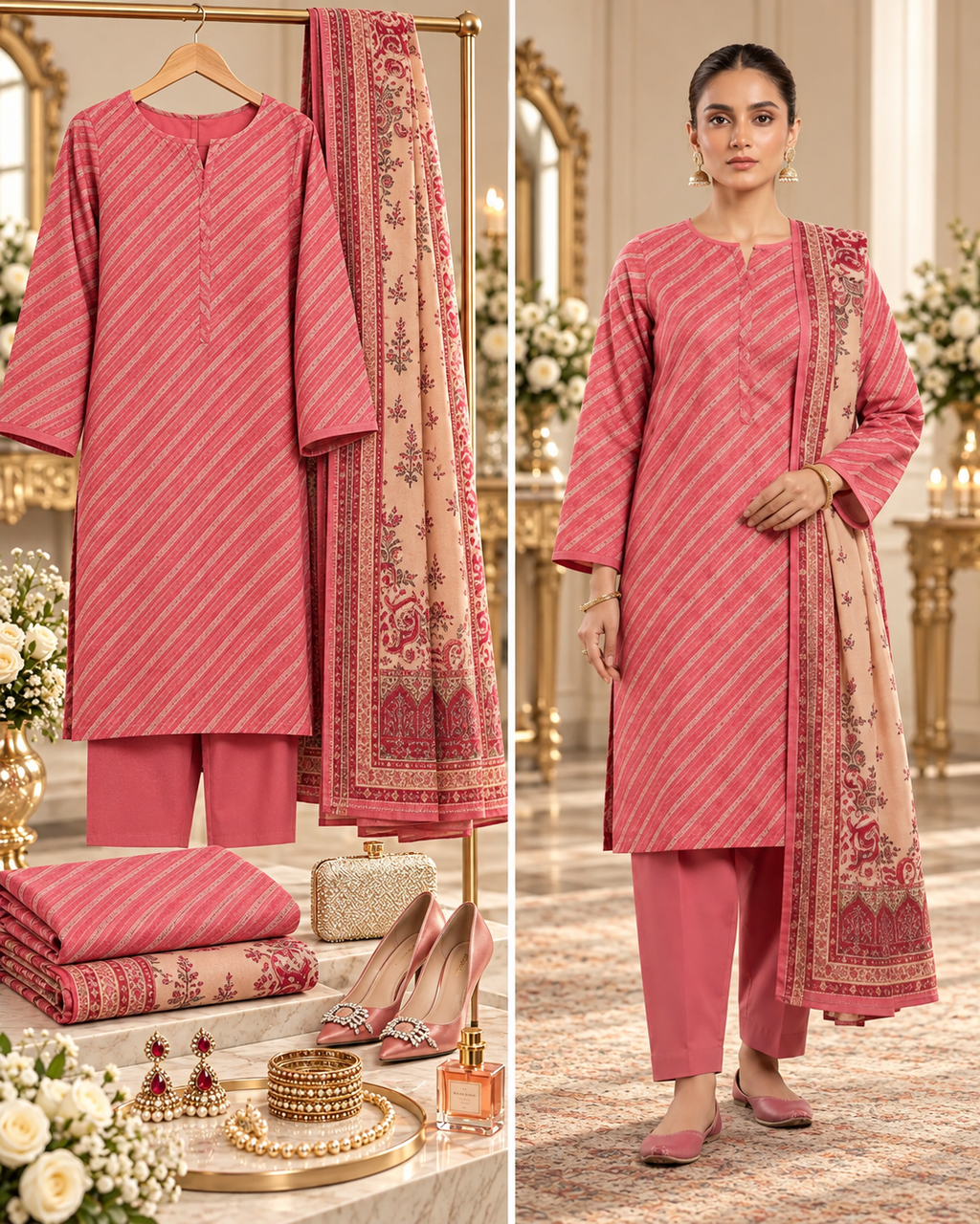 Alkaram Winter Rose Pink Printed Khaddar 3-Piece Unstitched Suit | MAKJ-1-26-04 - model showcase