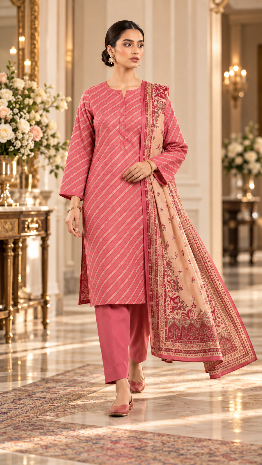 Alkaram Winter Rose Pink Printed Khaddar 3-Piece Unstitched Suit | MAKJ-1-26-04 - model view