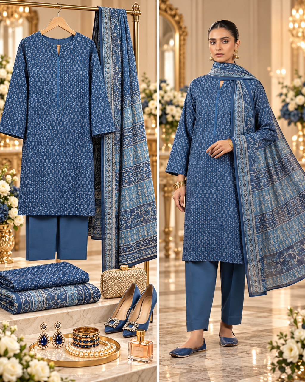 Alkaram Winter Indigo Blue Printed Khaddar 3-Piece Unstitched Suit | MAKJ-1-26-07 - model showcase