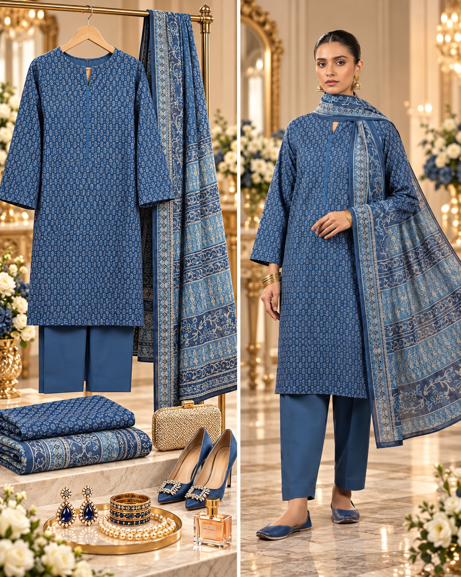Alkaram Winter Indigo Blue Printed Khaddar 3-Piece Unstitched Suit | MAKJ-1-26-07 - model showcase