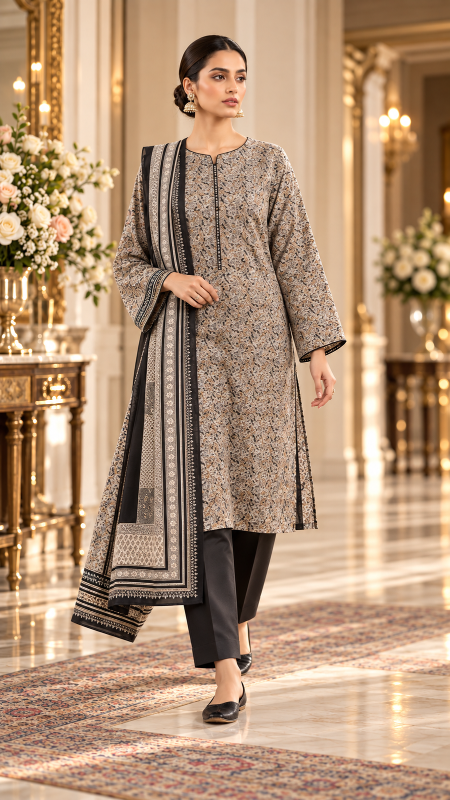 Alkaram Winter Grey & Black Printed Khaddar 3-Piece Unstitched Suit | MAKJ-1-26-06 - model view