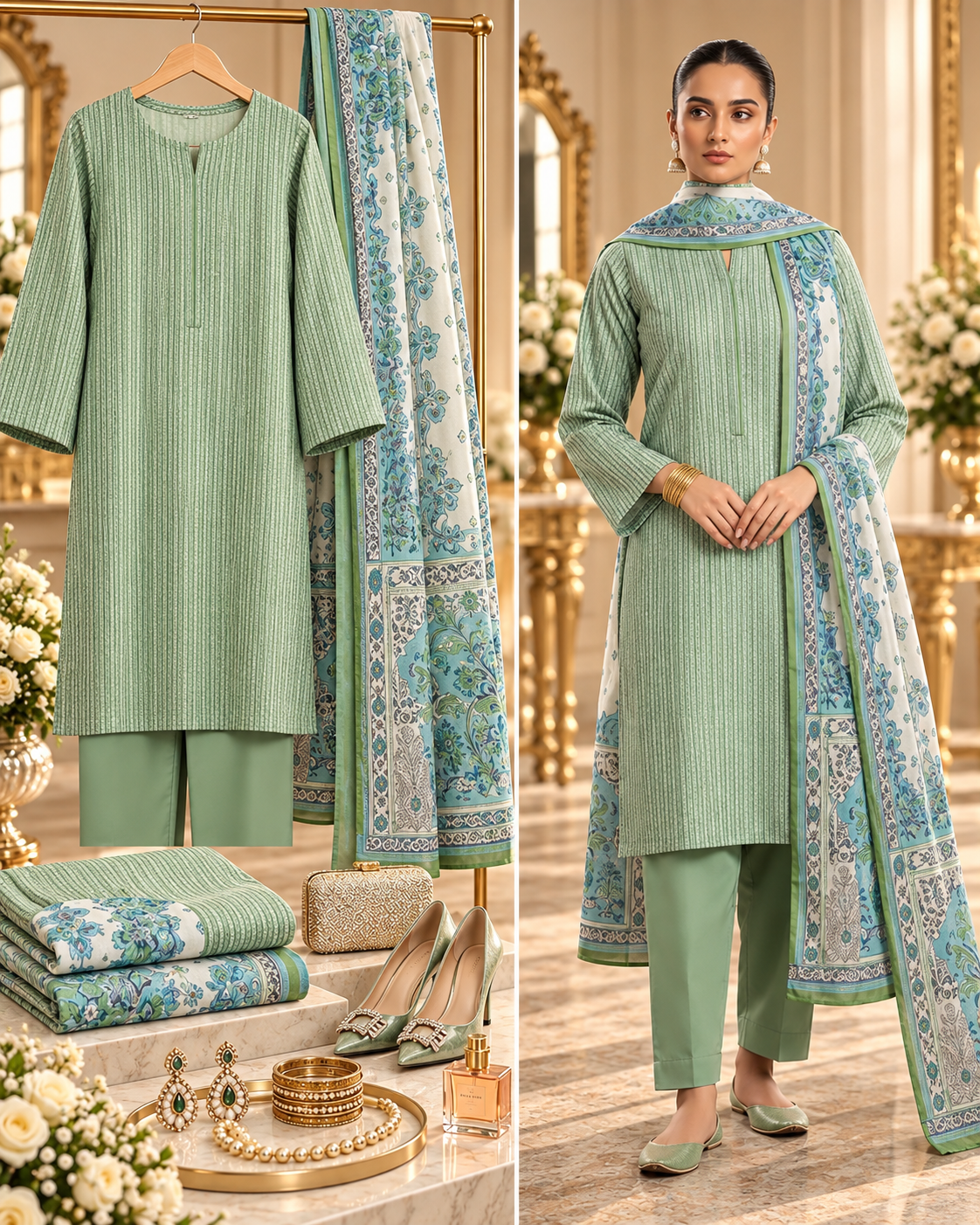 Alkaram Winter Sage Green Printed Khaddar 3-Piece Unstitched Suit | MAKJ-1-26-10 - model showcase