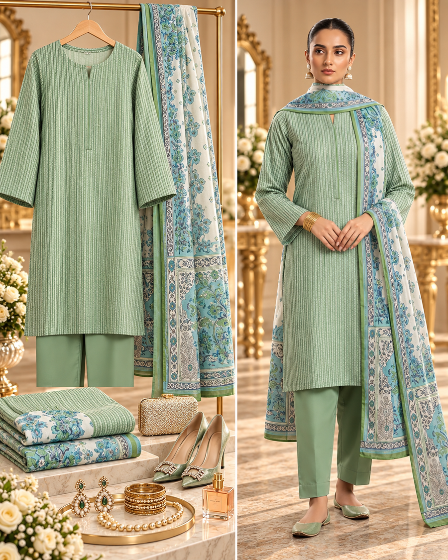 Alkaram Winter Sage Green Printed Khaddar 3-Piece Unstitched Suit | MAKJ-1-26-10 - model showcase