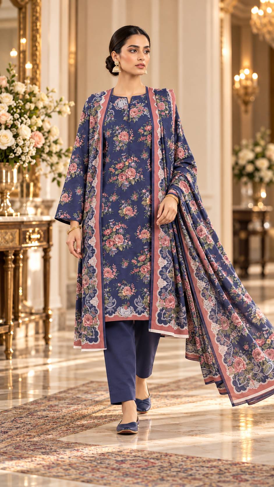 Alkaram Winter Navy Floral Printed Khaddar 3-Piece Unstitched Suit | MAKJ-1-26-09 - model view