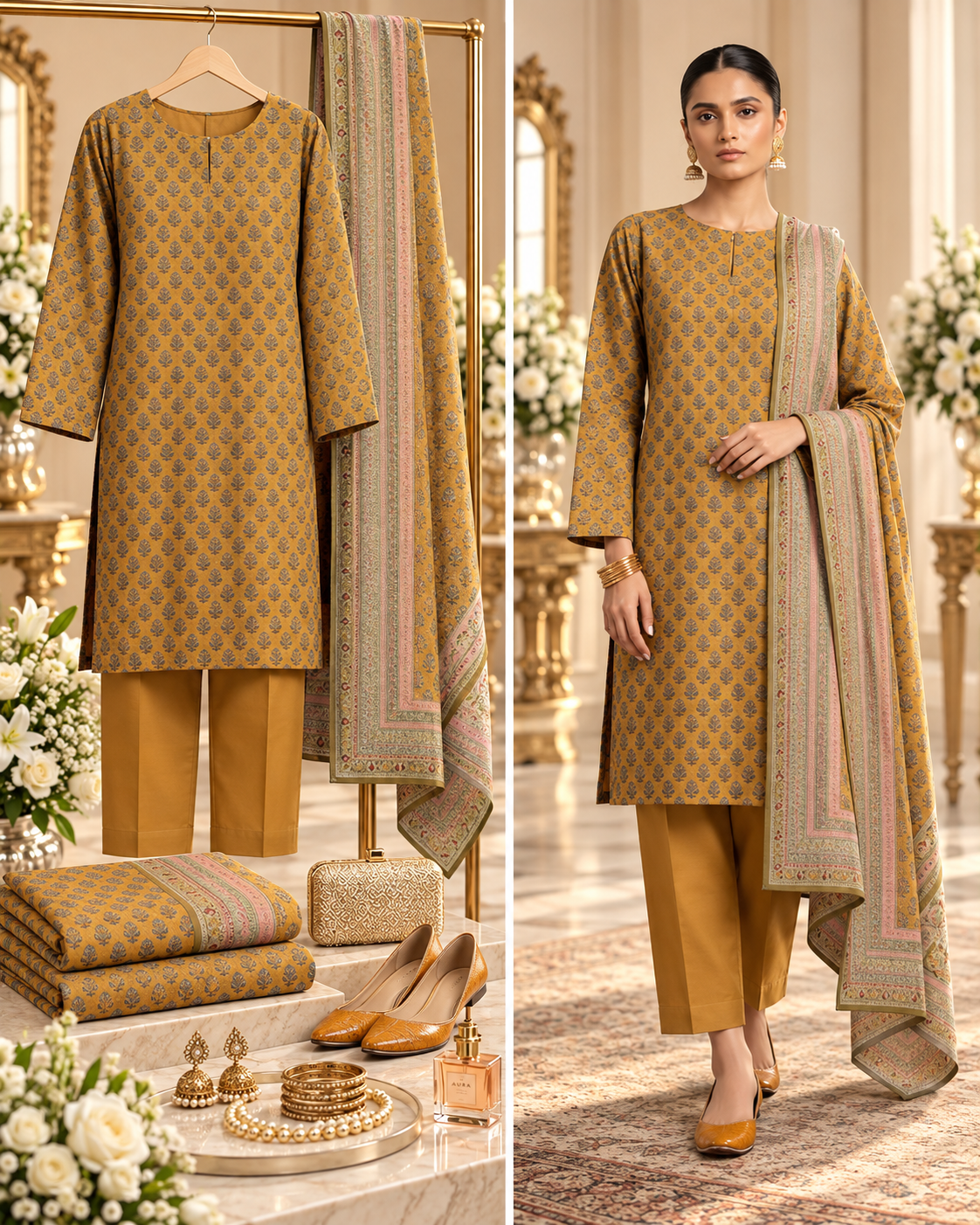 Alkaram Winter Mustard Printed Khaddar 3-Piece Unstitched Suit | MAKJ-1-26-02 - model showcase