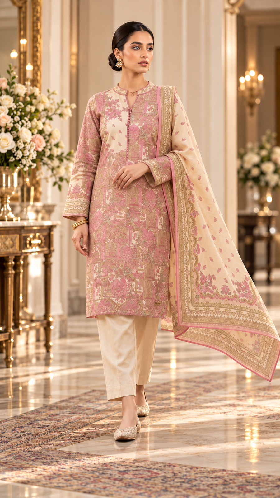 Alkaram Winter Pink & Cream Printed Khaddar 3-Piece Unstitched Suit | MAKJ-1-26-03 - model view