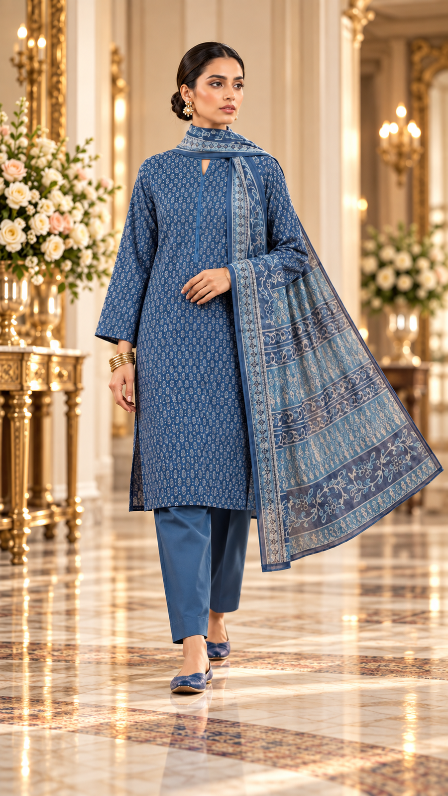 Alkaram Winter Indigo Blue Printed Khaddar 3-Piece Unstitched Suit | MAKJ-1-26-07 - model view