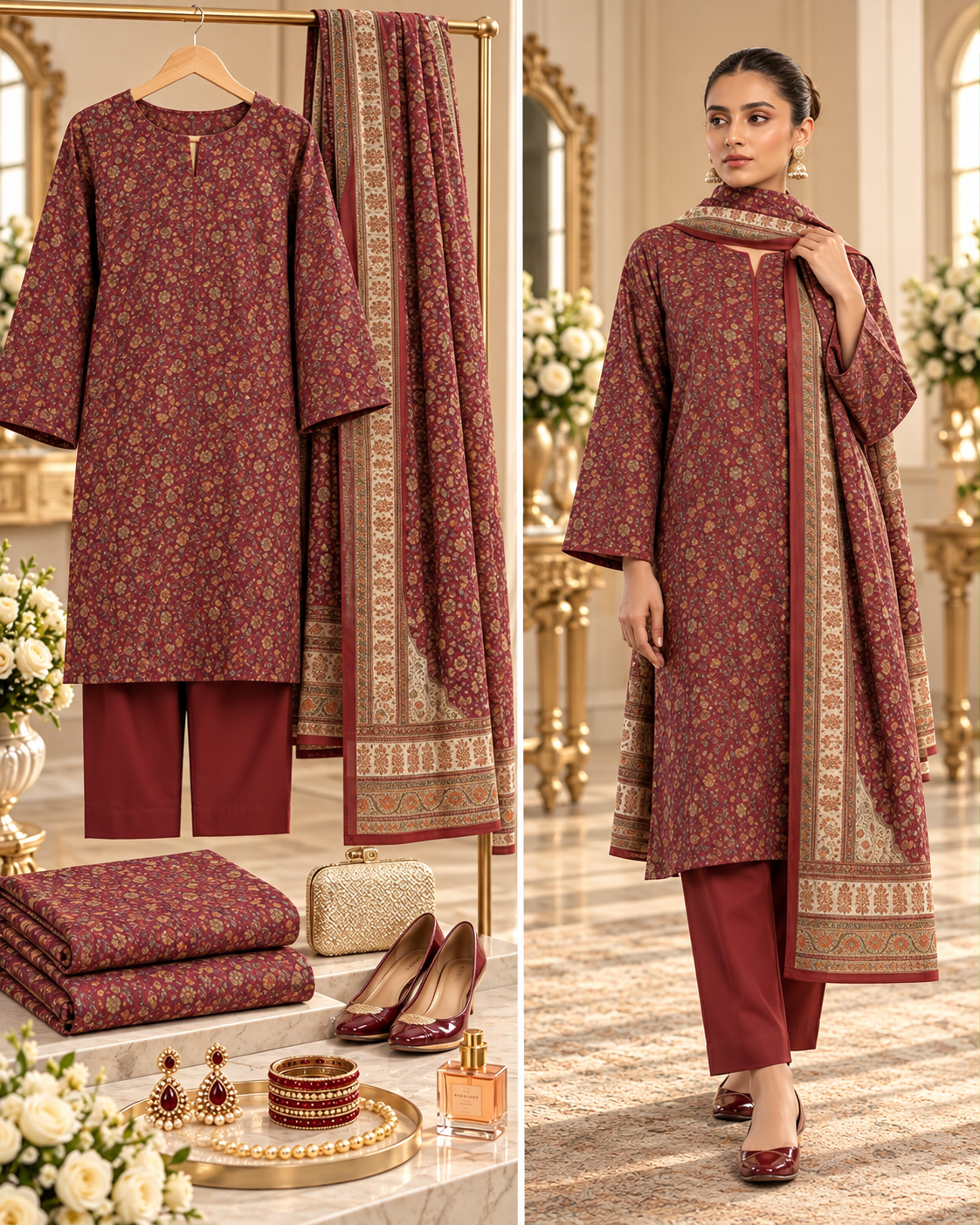 Alkaram Winter Maroon Printed Khaddar 3-Piece Unstitched Suit | MAKJ-1-26-05 - model showcase