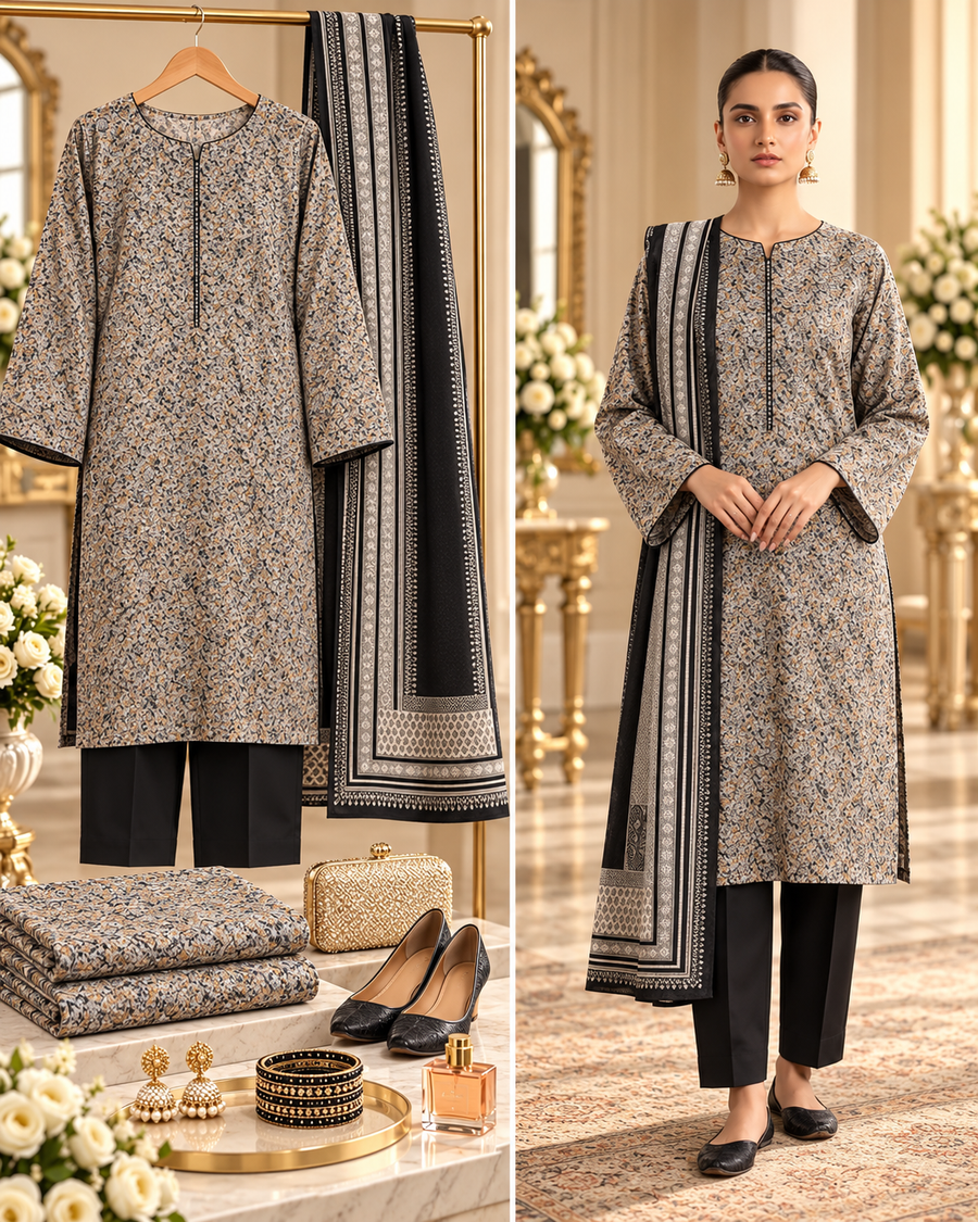 Alkaram Winter Grey & Black Printed Khaddar 3-Piece Unstitched Suit | MAKJ-1-26-06 - model showcase