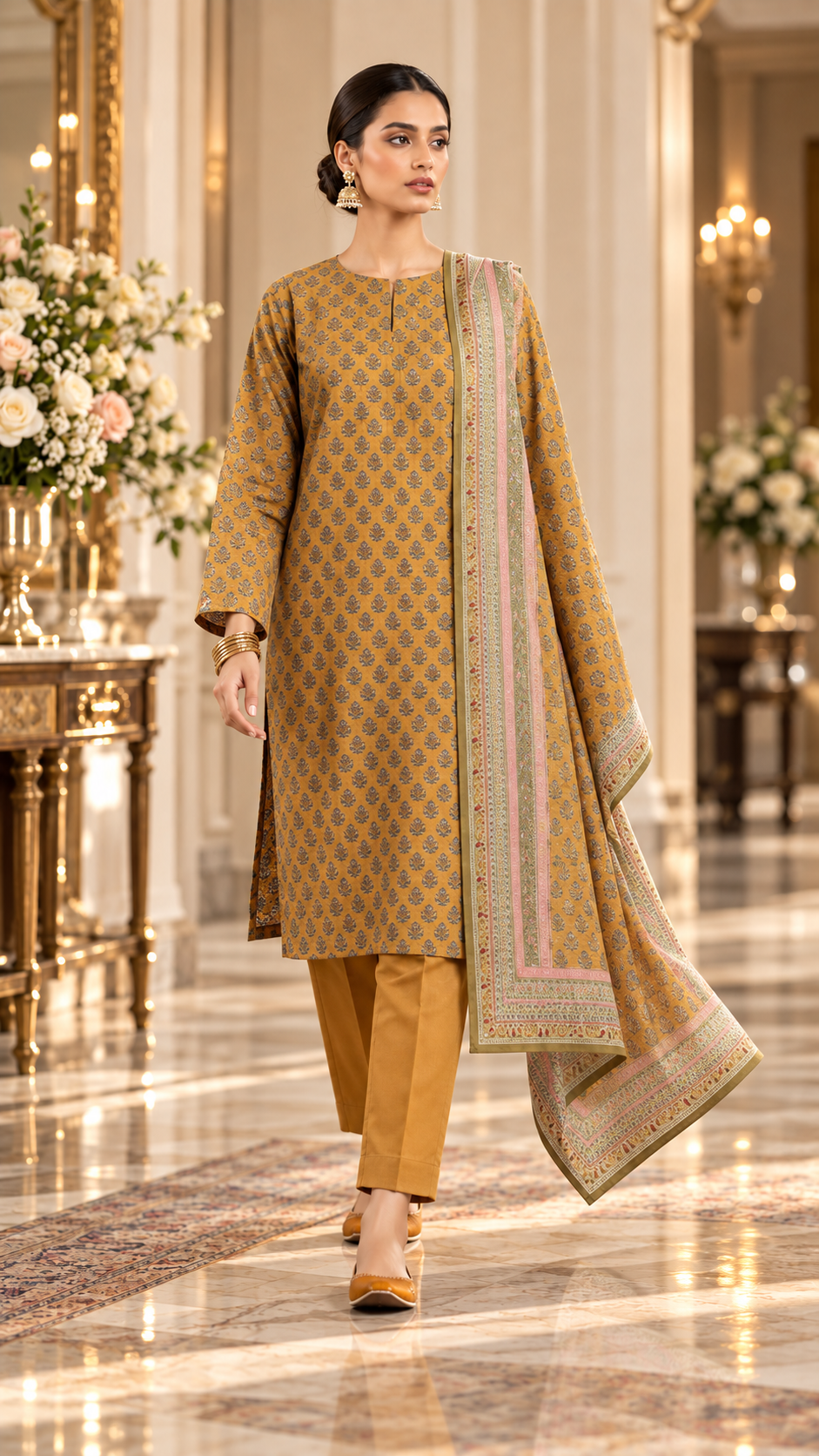 Alkaram Winter Mustard Printed Khaddar 3-Piece Unstitched Suit | MAKJ-1-26-02 - model view