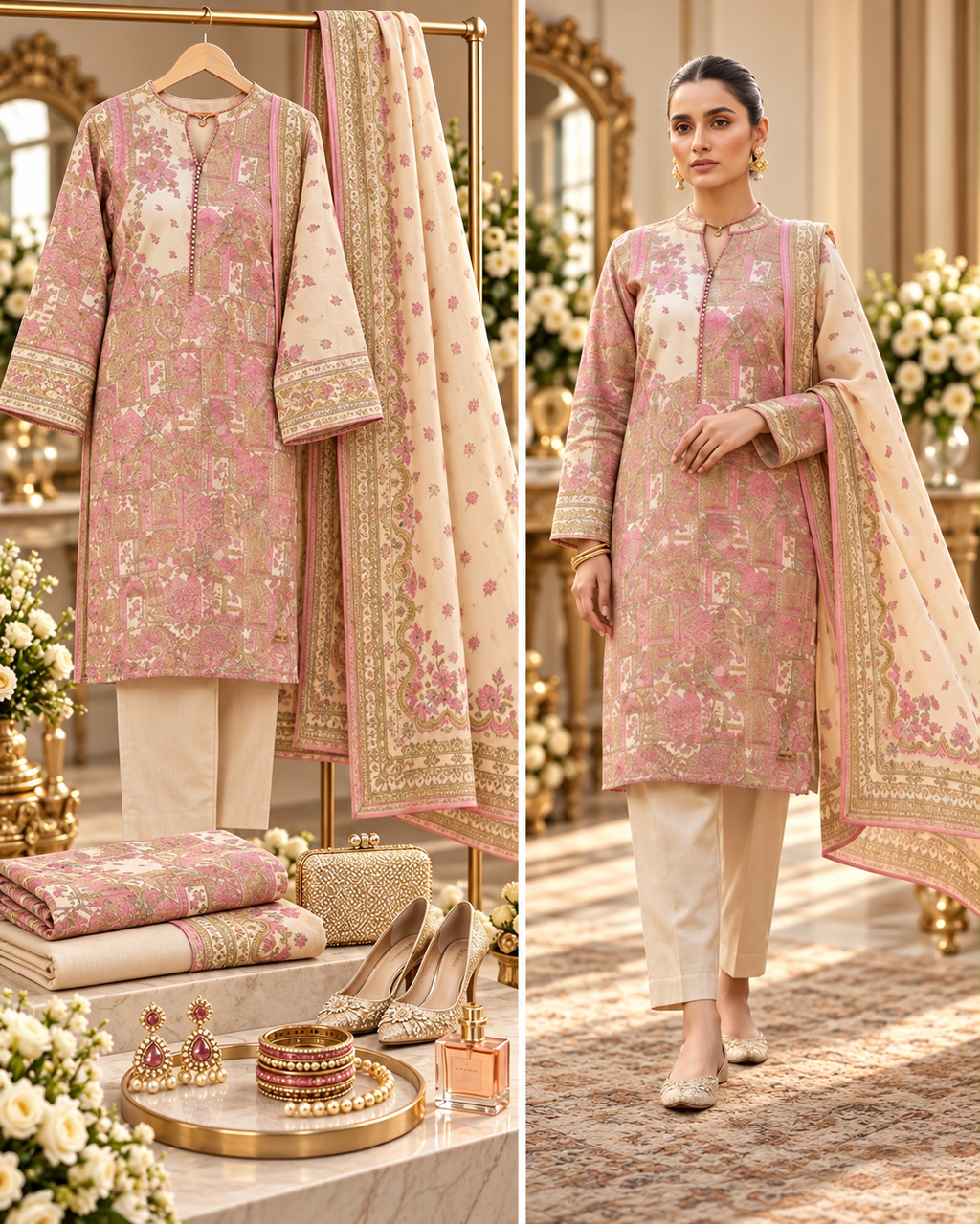 Alkaram Winter Pink & Cream Printed Khaddar 3-Piece Unstitched Suit | MAKJ-1-26-03 - model showcase
