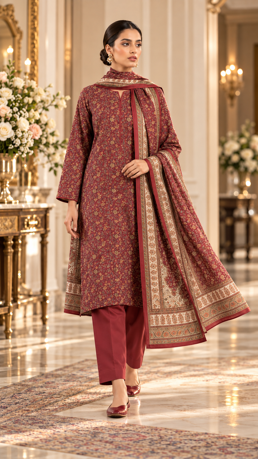 Alkaram Winter Maroon Printed Khaddar 3-Piece Unstitched Suit | MAKJ-1-26-05 - model view