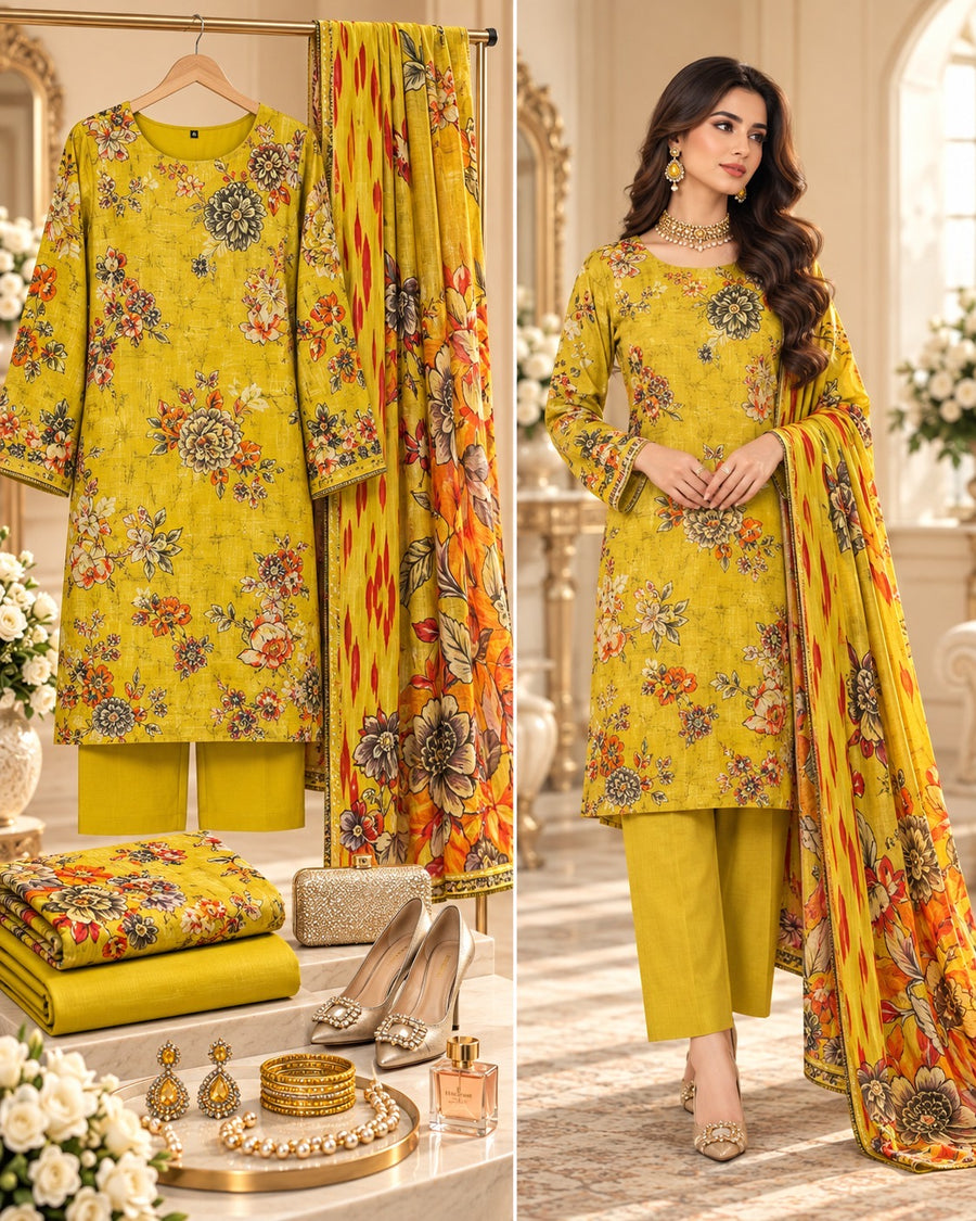 MARIA.B yellow 3-piece unstitched suit full outfit and model view