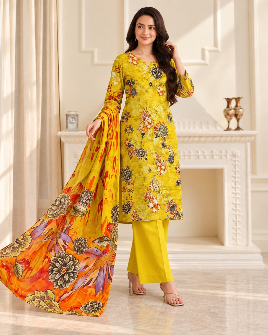 MARIA.B yellow 3-piece unstitched suit model front view with dupatta