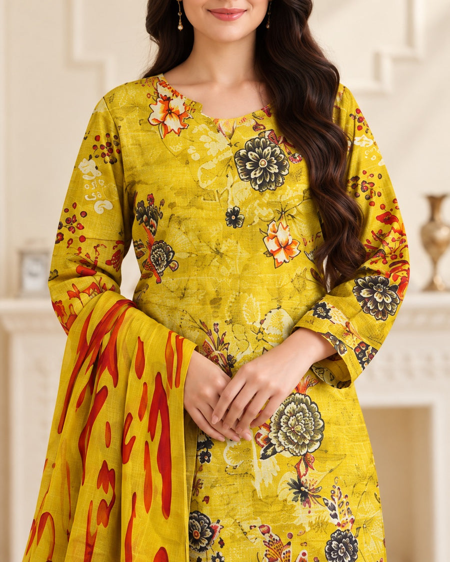 MARIA.B yellow 3-piece unstitched suit neckline and print close-up
